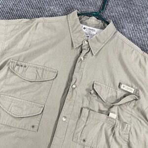 Columbia PFG Shirt Mens 2XL XXL Gray Green Short Sleeve Button Up Outdoor Hiking
